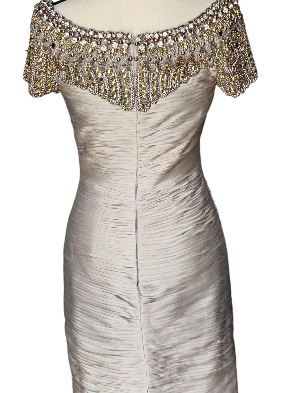 Terani Couture Champagne Midi Dress with Silver Embellished Neckline - Picture 10 of 11